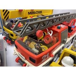 Collection of 1980s/90s Playmobil - vehicles including Fire-Engine No.21, Mobil Crane No.28, Quick Service Truck No.1 with trailer, Dumper Truck, GSL Sports car, GS Turbo car and three motorcycles; together with boxed Knights Tournament Set, Playmospace Space Station and Shuttle, wigwam and various accessories and figures etc