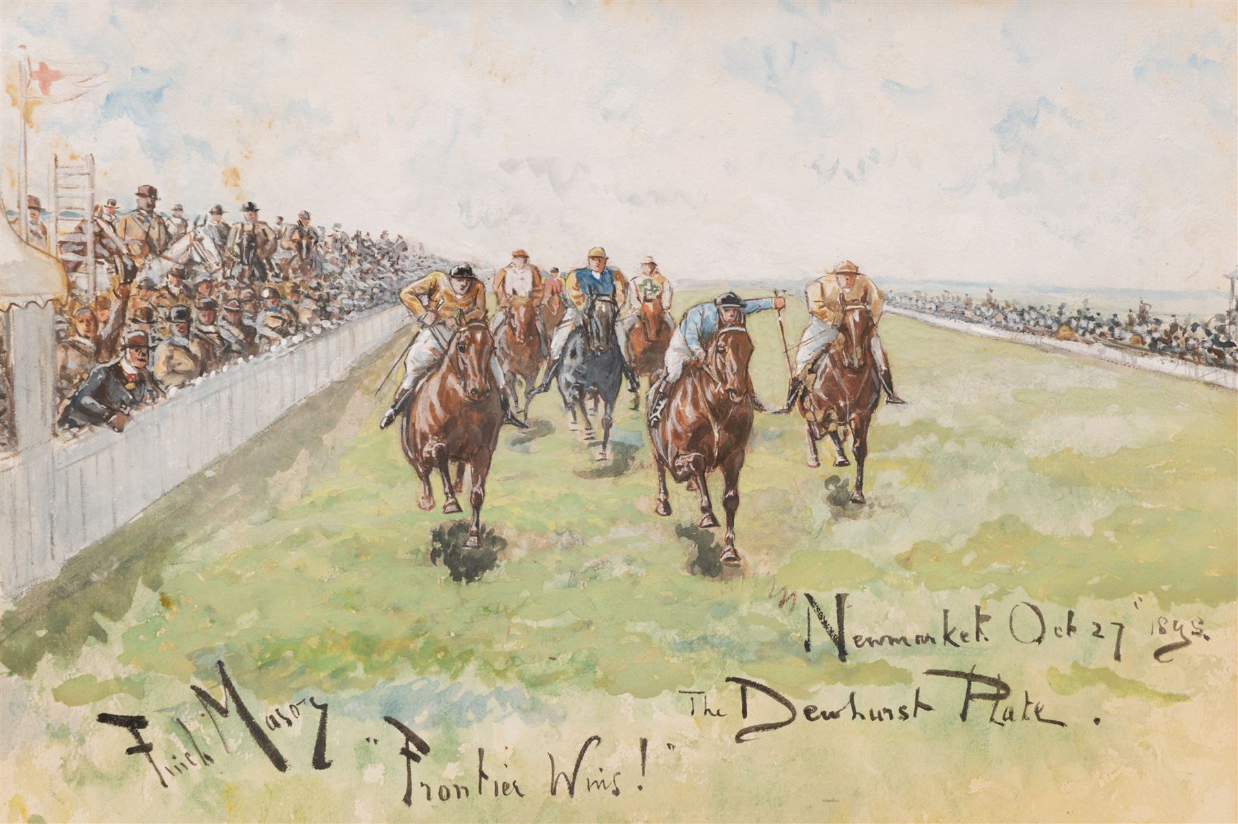 George Finch Mason (British 1850-1915): 'Frontier Wins! - The Dewhurst Plate - Newmarket Oct 27 1895', gouache signed and titled 24cm x 35cm