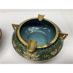 20th century Chinese cloisonne enamel smoking set, comprising two ashtrays, box and tray, with floral and foliate scrolling on green ground
