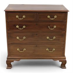 George III inlaid mahogany chest, shell inlaid and line chain detail, brass swan neck with cockbeaded edges, raised on bracket feet  