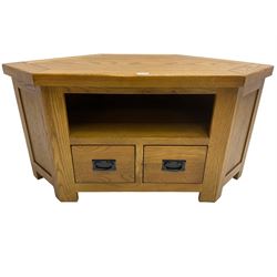 Oak corner television stand, hexagonal top over recessed shelf, fitted with two drawers to base