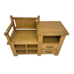 Late 20th century light oak telephone table, seat over four pigeon holes, fitted with shelf over two drawer
