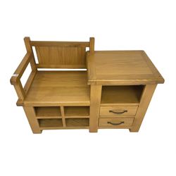 Late 20th century light oak telephone table, seat over four pigeon holes, fitted with shelf over two drawer
