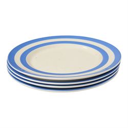 TG Green T.G. Green Cloverleaf blue and white striped pattern Cornishware, six dinner plates and nine side plates, together with a similar covered sucrier 