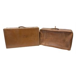 Two 20th century tan leather suitcases together with Lark violin and bow, cased, largest case H50cm
