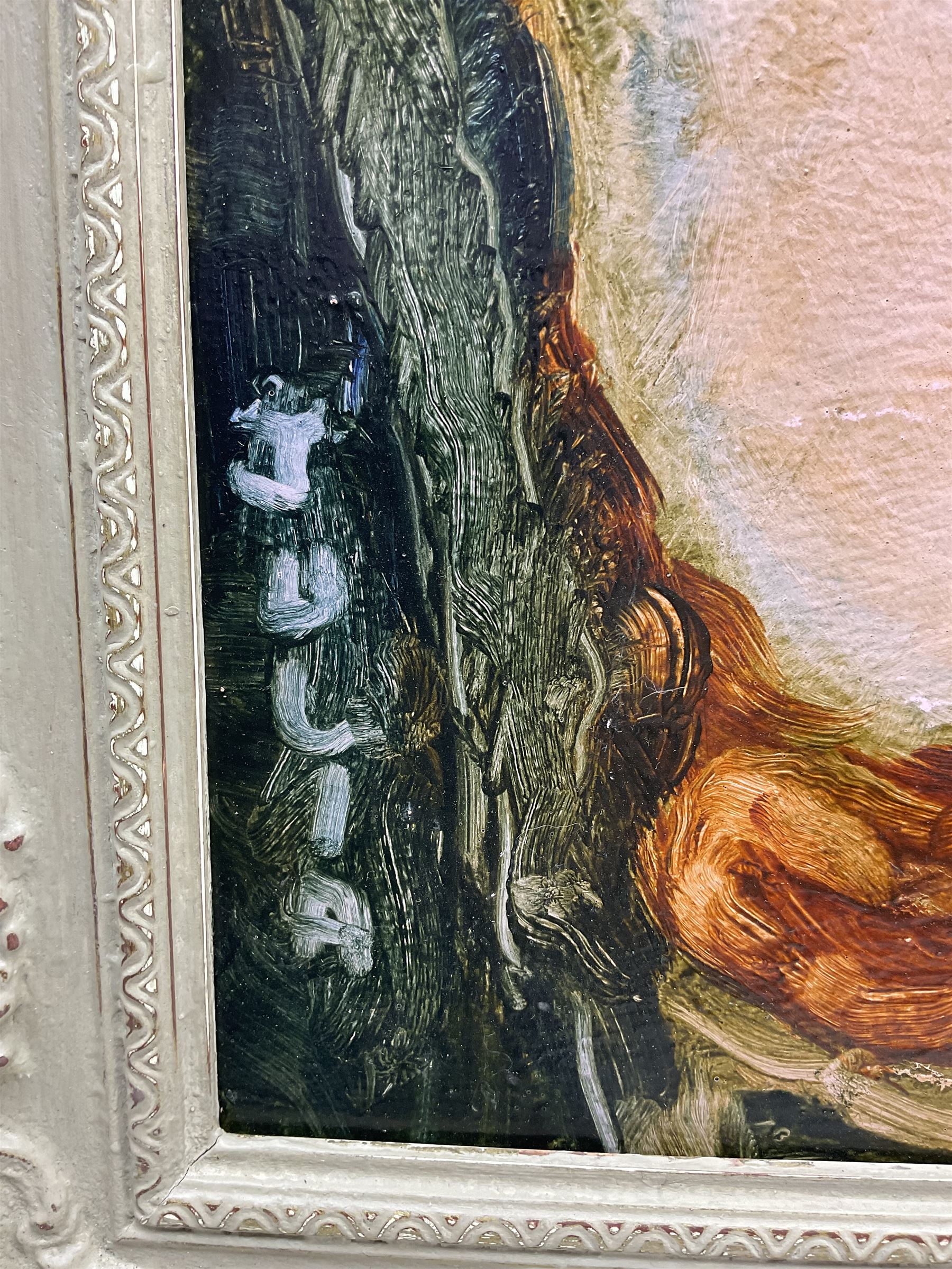 Raymond Arthur Roadnight (British 1941-): 'Julia', oil on board titled in the artist's hand 44cm x 34cm 
Provenance: the artist's studio collection. Born in High Wycombe, Roadnight spent three years training under Patrick Reyntiens and John Piper creating stained glass windows for Liverpool and Coventry cathedrals. These works included the great baptistry window in the New Coventry Cathedral, the 'Lantern' atop the Catholic Cathedral in Liverpool, and the grand windows in Oundle School Chapel. He has exhited at Royal Academy, Alfred East Gallery, Chichele College in Higham Ferriers, and Burleighfield House in Loudwater.