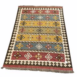 Kilim rug, with multiple horizontal bands decorated with stylised geometric motifs