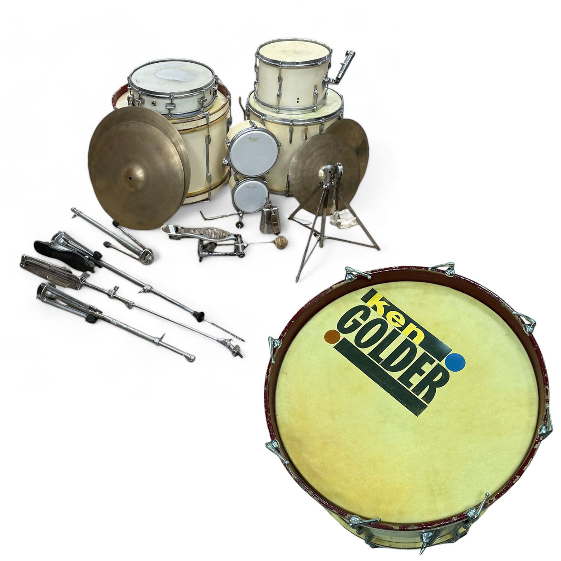 1950s Premier drum kit, owned by Ken Golder the original drummer in the John Barry Seven, comprising bass drum, floor tom, mounted tom, two bongos, Zildjian high hats and ride cymbal, Superzyn crash cymbal and stands, with some original receipts for the kit addressed to Mr Golder


