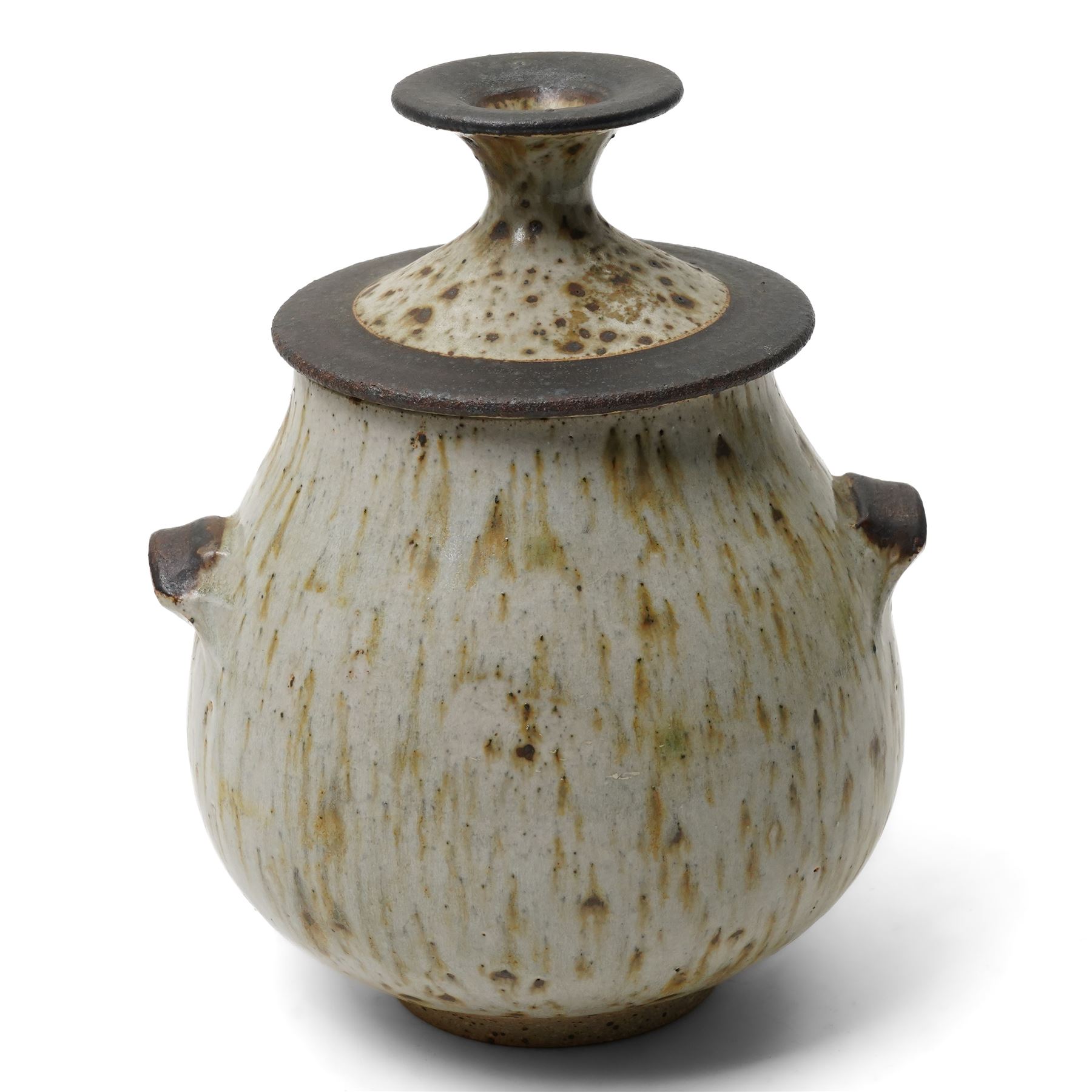 Barbara Cass (1921-1992) for Arden Pottery: Covered jar, in mottled blue and green glazed, incised marks to base, H22cm