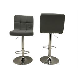 Pair contemporary bar stools, upholstered in grey, on polished metal base