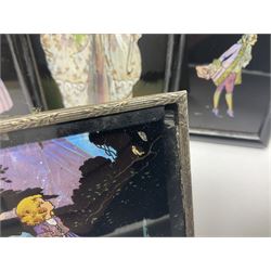 Seven 1930's butterfly wing pictures, mainly of ladies in period dress, one signed Dorothy Buckley, largest H18cm