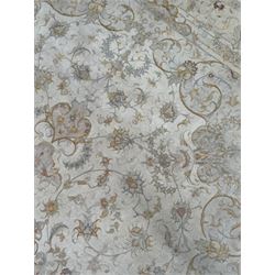 Persian Mahal densely knotted ivory ground carpet, floral rosette medallion surrounded by interlacing leafy branches and palmettes, scrolling border decorated with foliate motifs, within guard stripes, with signature panels to each end