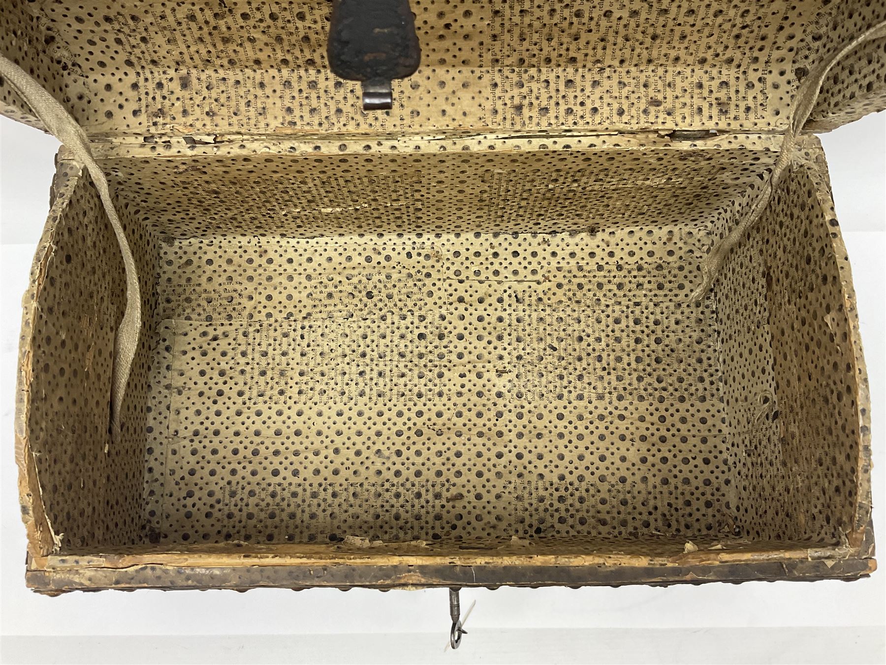 19th century pony skin dome top trunk with metal studded detail, the inside paper label inscribed 'Arabella Brown Trunk, Cheft, Box Maker & Undertaker', H25cm, L46cm 
