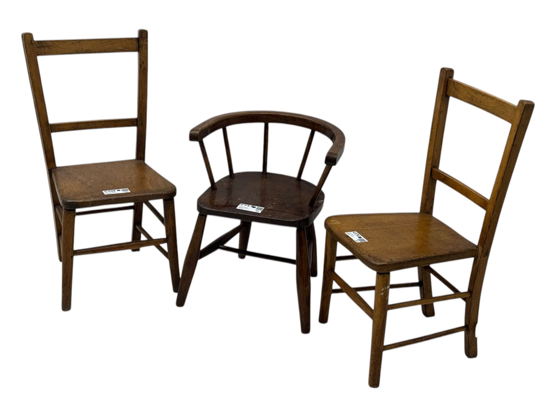 Pair of Victorian mahogany balloon back dining chairs (W49cm); 20th century oak drop-leaf dining table (W92cm); three small children's chairs (6)