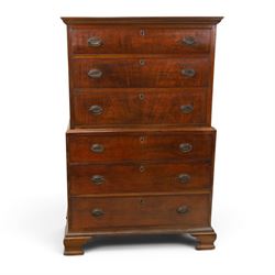 George III mahogany chest on chest, moulded cornice over two short over two long drawers w...