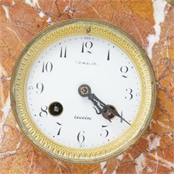 French Art Deco mantel clock, the white dial inscribed Loudeac, with bell strike in marble case surmounted by two gilt metal figures holding doves H26cm x W30cm