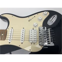 Mexican Fender Stratocaster electric guitar in black c2003 with Floyd Rose tremolo system, serial no.MZ3129600; L98cm; in Freestyle fitted case with 2006 Diamond Anniversary booklet
