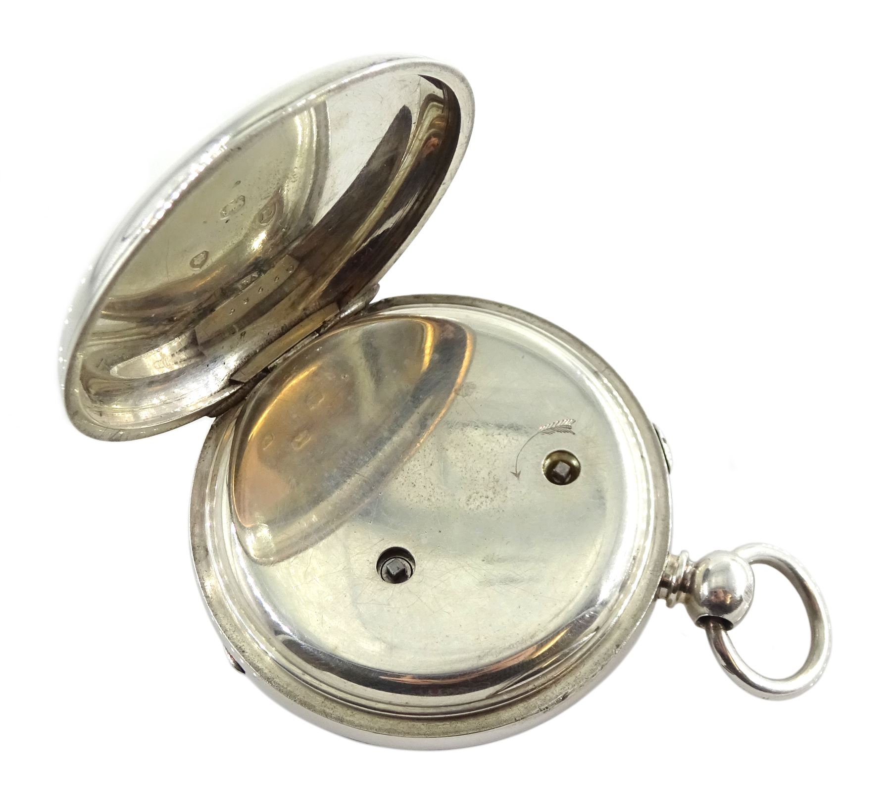 Victorian silver open face face key wound chronograph pocket watch by A. Lockhart, Whitehaven, No. 58660, white enamel dial with Roman numerals, outer seconds track numbered 25-300, case makers mark L A, London 1886