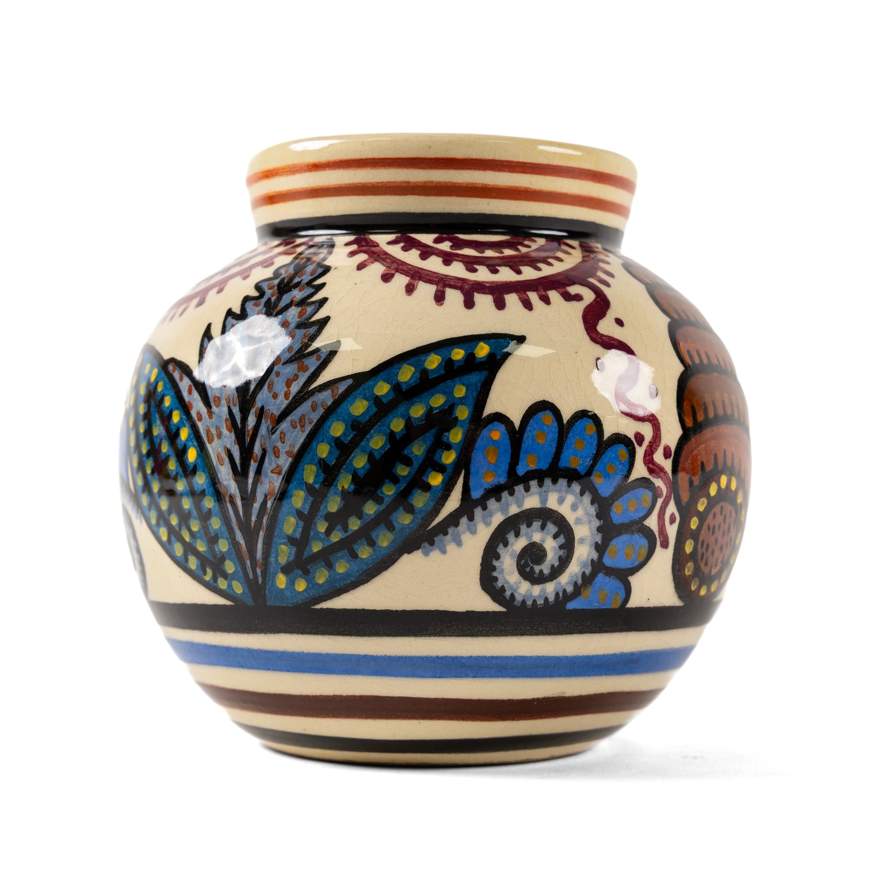 Paul Fouillen for Quimper pottery, decorated with stylised flowers, in blue and purple tones in cream tones, H14cm