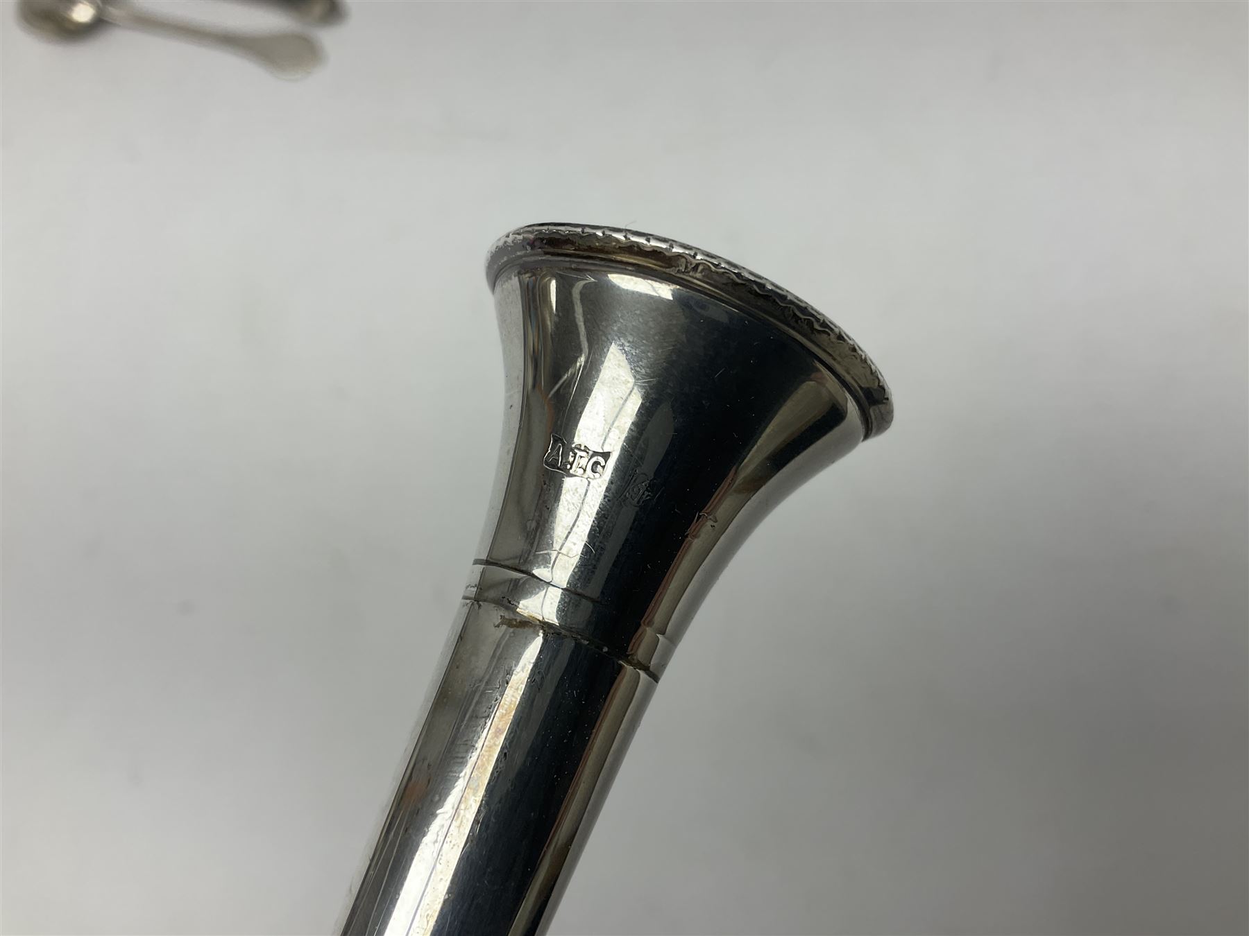 Modern silver specimen vase, of trumpet form, upon tapering knopped stem and weighted circular foot, hallmarked A T Cannon Ltd, Birmingham, date mark worn and indistinct, together with a Edwardian silver Dog Nose pattern fork and spoon set, hallmarked John Round & Son Ltd, Sheffield 1904, a silver coffee spoon, embossed with a golfing scene, hallmarked and two other spoons