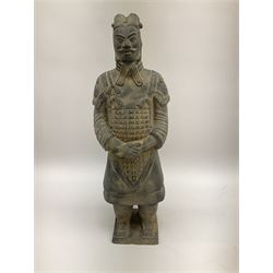 Chinese 'Terracotta Warrior' style figure, H38cm, and four similar smaller figures (5)