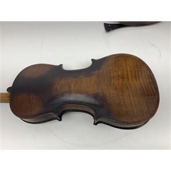 German violin c1890 with 36cm two-piece maple back and ribs and spruce top; bears label 'Antonius Stradivarius Cremona Faciebat Anno 1729' L59.5cm overall; in ebonised wooden 'coffin' case; and two German violins c1890 for completion - one bearing a Stradivarius label, the other a Ruggeri label; both in carrying cases (3)