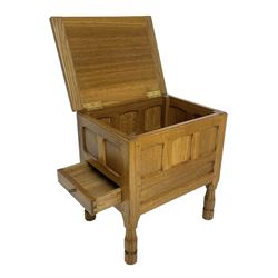 Brian Haw (former Mouseman carver) - Yorkshire oak work or sewing box, hinged lid with panelled sides, fitted with through drawer, on octagonal feet