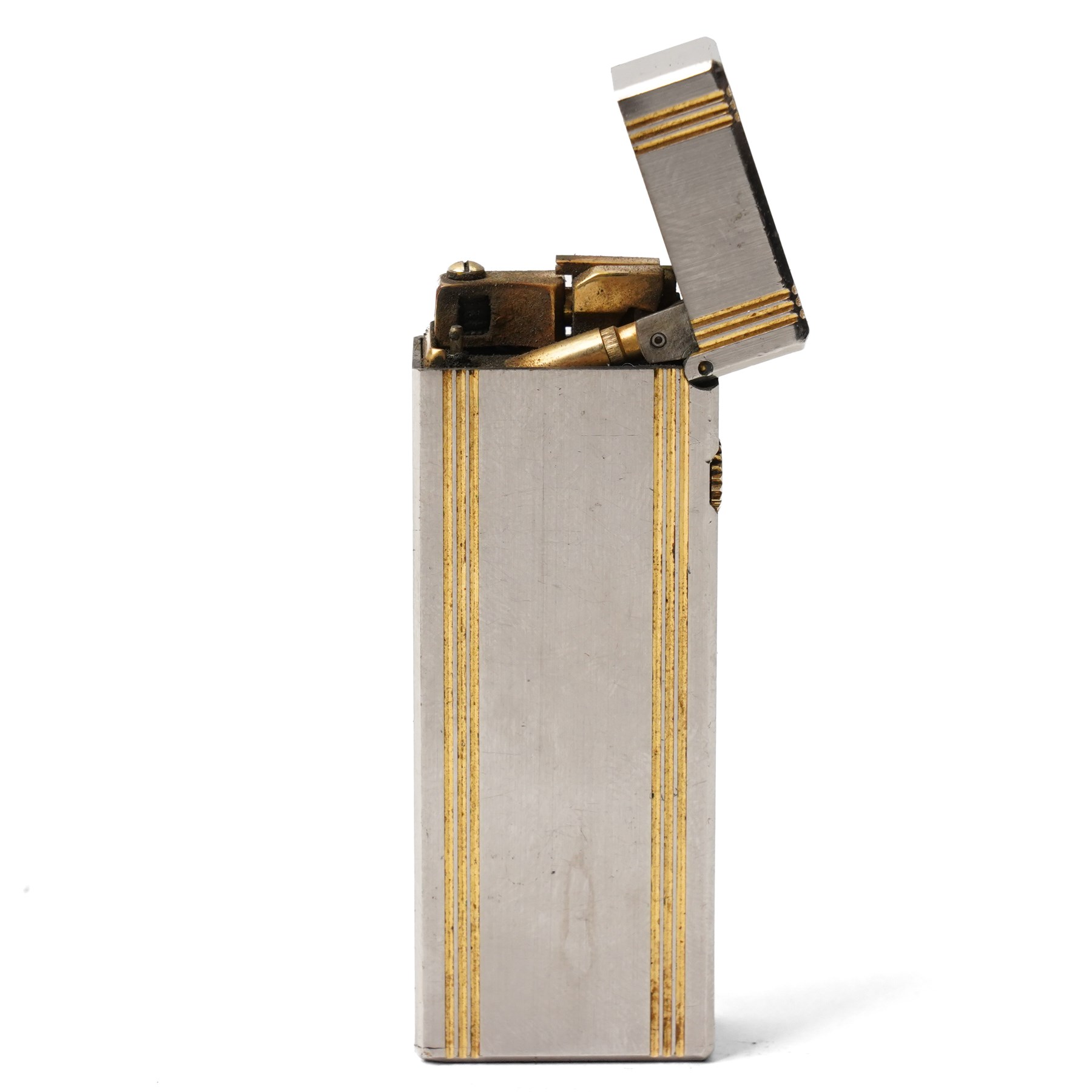 Dunhill - Rollagas lighter, silver-tone metal with gilt linear decoration and gilt ribbed thumbpiece, H6.5cm 