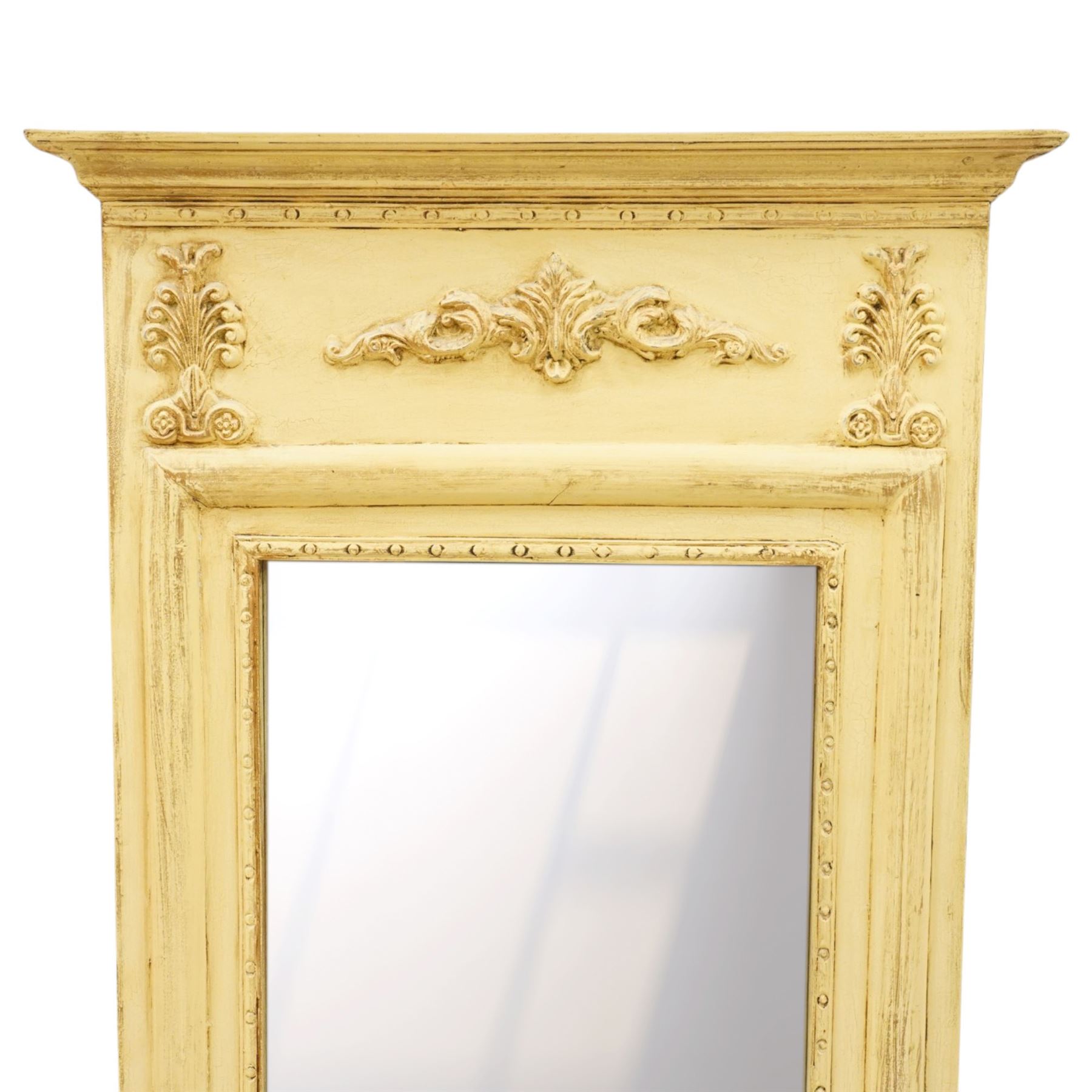Traditional design cream pier mirror, projecting cornice and applied foliate detailing,, bevelled mirror plate