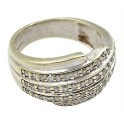 9ct white gold four row round brilliant cut diamond ring, hallmarked 