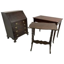 Edwardian mahogany side table, moulded rectangular top on square tapering supports with brass and ceramic castors (92cm x 56cm, H76cm); early 20th century mahogany fall front bureau (W70cm, H98cm, D49cm); and a Victorian beech side table (70cm x 47cm, H74cm)