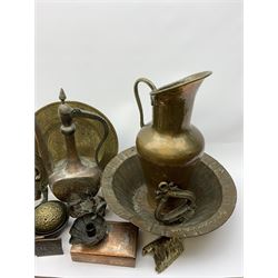 Collection of Eastern metal ware including a brass model of a Camel, copper finish Dallah, Chinese jug in the form of a Peacock, large copper bowl etc 