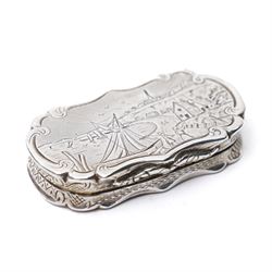 Victorian silver castle top vinaigrette engraved with a scene of Folkestone Harbour, hinged grille Birmingham 1846 Maker Nathaniel Mills