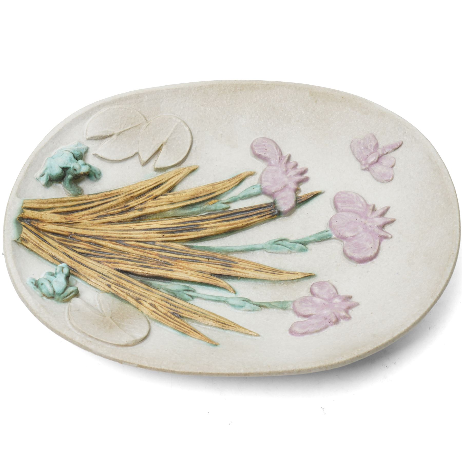 Bernard Rooke (1938-) - Studio pottery shallow dish with a raised pattern of lily pads, iris, frogs and dragon fly W31cm with Bernard Rooke paper label from The Mill Gallery, Swilland, Ipswich and incised 'B R' to the reverse