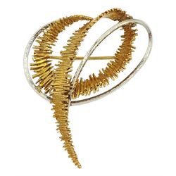 9ct gold polished white and textured yellow gold abstract design brooch, London import marks 1967