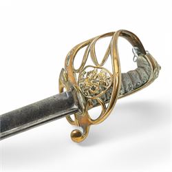  William IV British Infantry sword, the pipe back blade with traces of etching, hinged guard and wire wound shagreen grip and scabbard, blade length 83cm 
