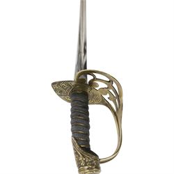 British 1832 pattern, Royal Horse Guard state sword, by Henry Wilkinson Pall Mall London, circa 1862, the 92cm straight fullered single edged blade retaining virtually all original polish, makers name to the ricasso and marked 11767 to the top, the brass basket 'honeysuckle' guard bears the Victoria crown to both the inside and outside faces, shagreen bound grip with triple silver wire, with steel scabbard with mounts and twin suspension rings, overall 110cm