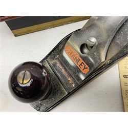 Stanley No.4 wood working plane, in original box, together with a cash tin box and British Boudoir travel iron 