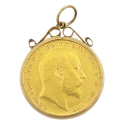 King Edward VII 1910 gold full sovereign coin, loose mounted in 9ct gold pendant, hallmarked