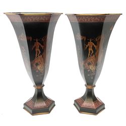 Modern pair of Regency style Toleware type vases, of tapering faceted form, H36cm. 