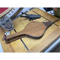 Coal bucket painted with flowers together with pair of bellows, boot scraper in the form of a beetle, wooden guillotine, composite table lamp with tassel lampshade and one other
