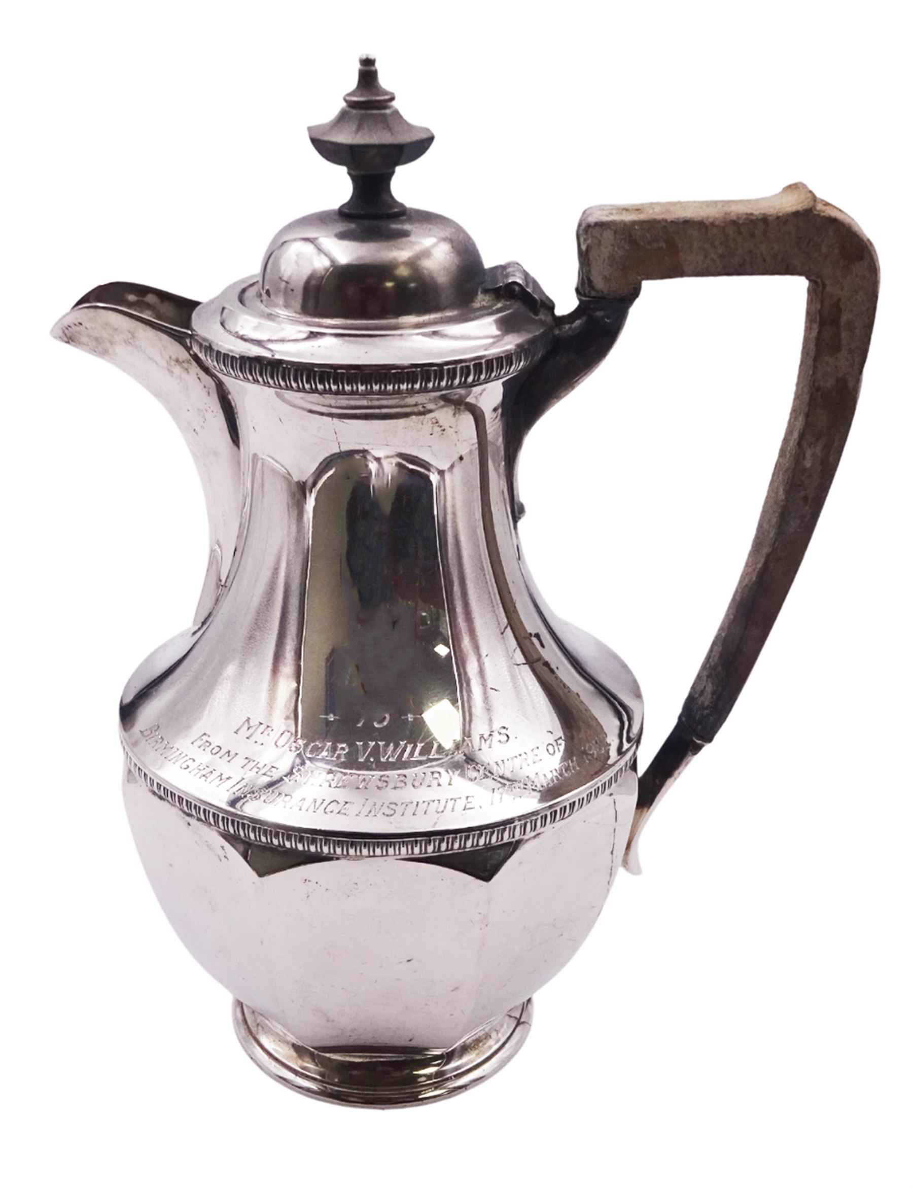 1930's silver hot water pot, of faceted baluster form with engraved dedication, and wooden handle and finial, hallmarked Harrison Brothers & Howson, Sheffield 1930, H20cm, approximate gross weight 15.66 ozt (487.2 grams)