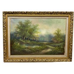 AJ Curry (English Naive School 20th century): Village Scene with Haycart and Figures, oil on canvas signed 50cm x 75cm; Continental School (20th century): Woodland Pond Landscape, oil on canvas indistinctly signed 50cm x 75cm (2)