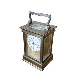French -  brass cased 20th century  8-day timepiece carriage clock, dial inscribed L' Epee Fondee-En 1839, Sainte Suxanne, France, with a circular enamel dial and an embossed brass dial mask, Roman numerals, minute markers, five minute Arabic's and steel moon hands, with a jewelled lever platform escapement.