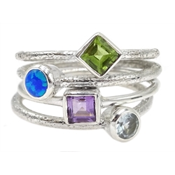  Silver peridot, amethyst, aquamarine and opal ring, stamped 925  