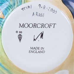 Moorcroft enamel vase, peacock design, signed beneath, boxed 