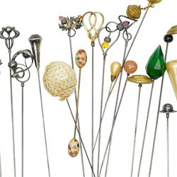 Collection of early 20th century and later hat pins including six silver mounted examples by Charles Horner, pique work, faceted class, jet acorn, filigree etc