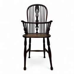 19th-century high-backed elm and yew Windsor chair of unusually tall proportions, bow top ...