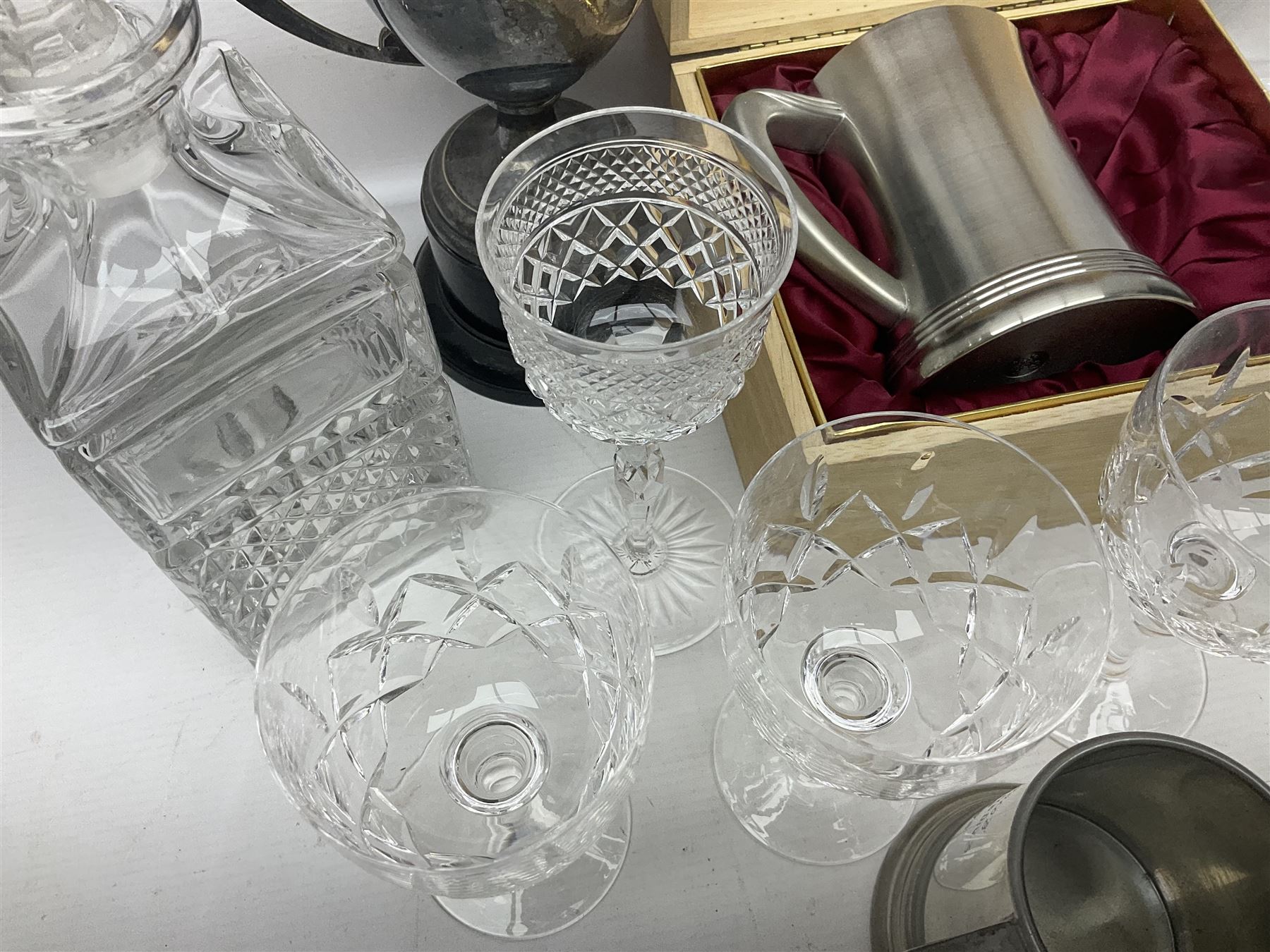 German Bleikristall decanter, set of six Stuart Crystal glasses, a Dartington Crystal decanter, christmas lights and a collection of pewter tankards, etc 
