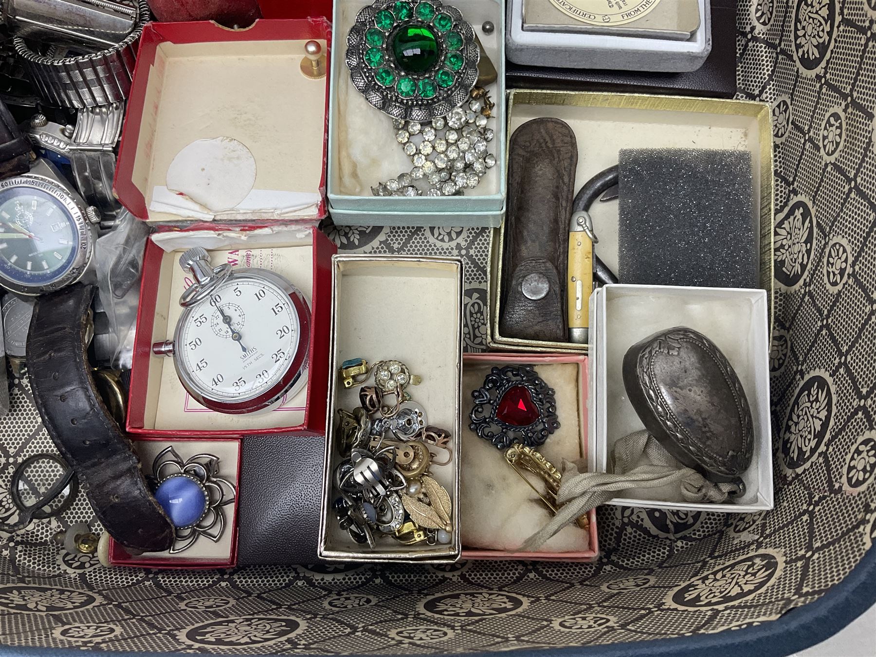 Victorian and later jewellery including silver thimble, rolled gold pendants, earrings and brooches and a collection of wristwatches including Sekonda, The Westminster Collection Historic Timepieces Spitfire pocket watch etc